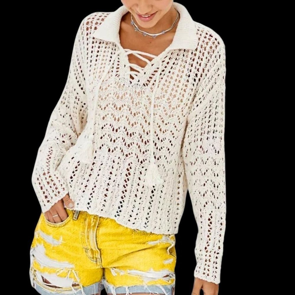 AE Crochet Polo Sweater Cotton Blend Cream Tassel Tie Boho S American Eagle